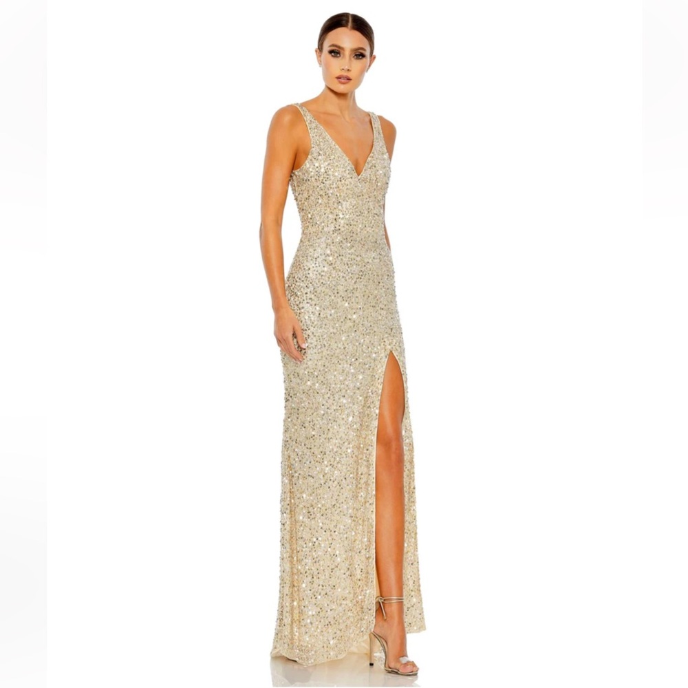 Mac Duggal 1068 Prom Long Sleeveless High Slit Gown Color: Gold Multi 12 NWOT